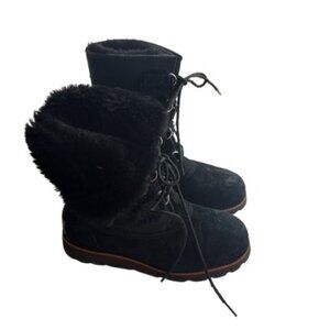 UGG Womens Rommy Lace Up Mid Calf Boots Black Suede Sheepskin Sherpa Lined 8